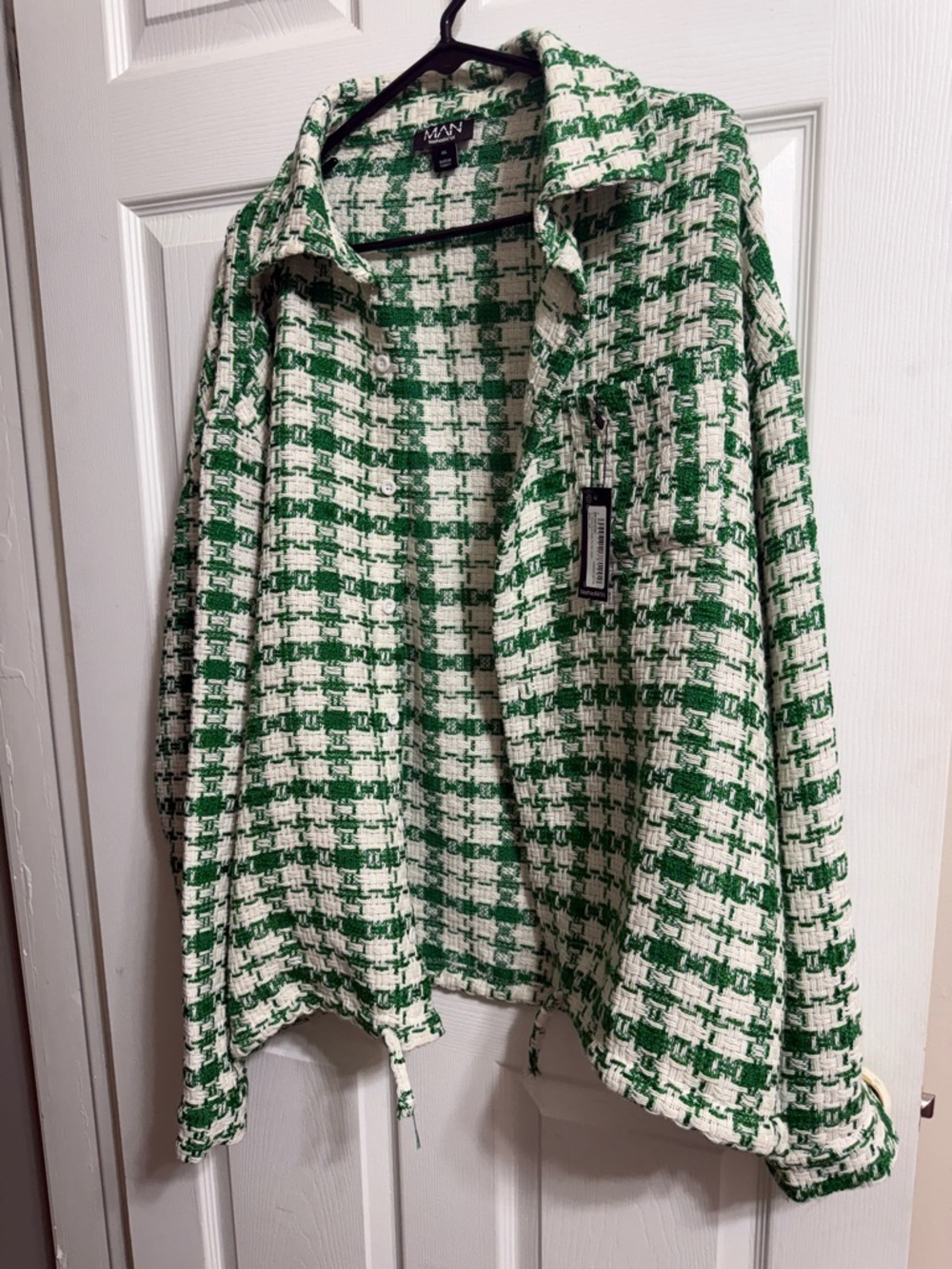 Boohoo Mens Green and White Tweed Shacket